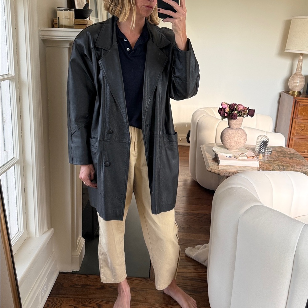 Vintage Black Leather Notched Double-Breasted oversized blazerJacket
